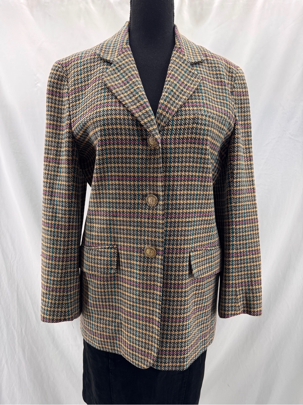 Vintage 3 Button Blazer Houndstooth Silk Tweed Jacket Size 6 Jewel Tone Acadamia